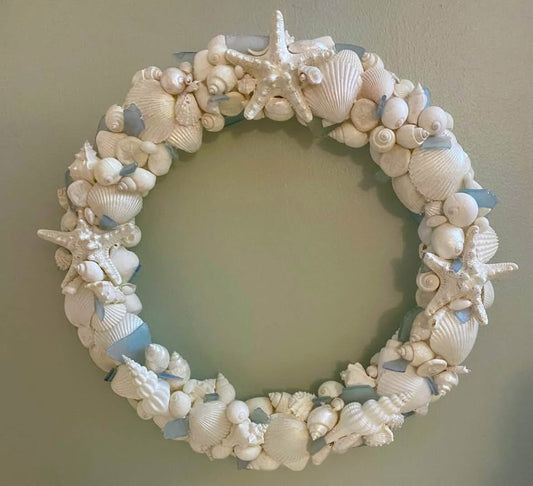 18" White Shell and Sea Glass Wreath