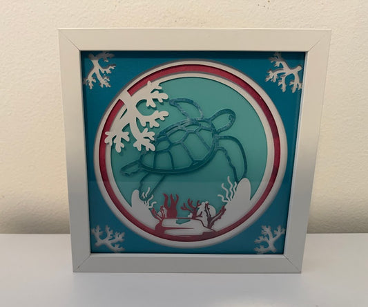 Turtle swimming in coral reef multi-layered 3D Shadow Box