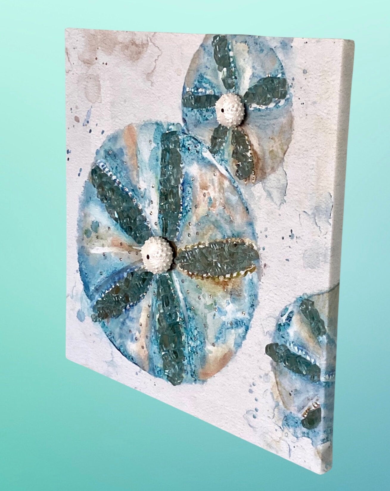 Sand dollar coastal wall hanging with sparkling fire glass