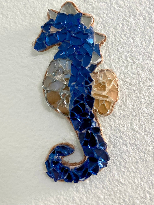 Blue Hanging Mosaic Fire Glass Shiny Seahorse Ornament