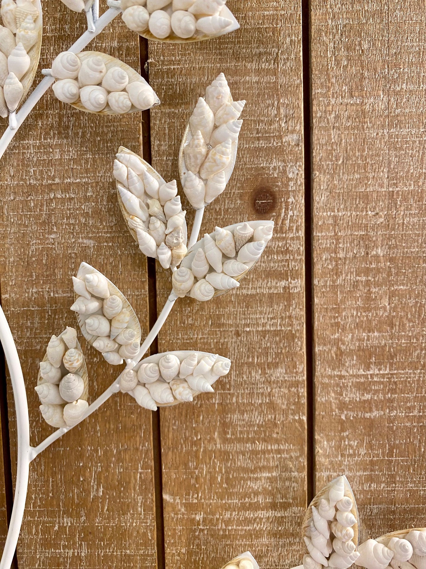 Wall Hanging Wood plank with white metal branches decorated with white shells