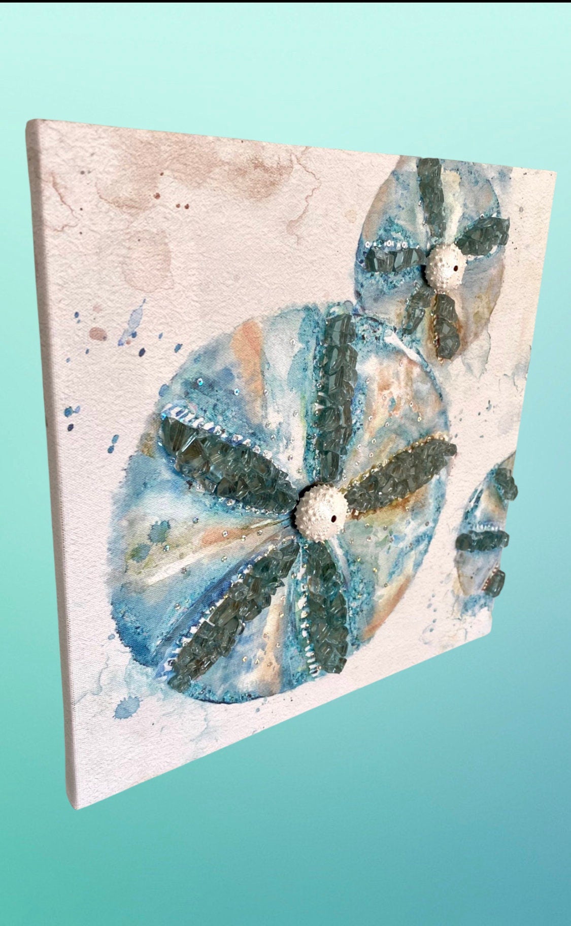 Sand dollar coastal wall hanging with sparkling fire glass