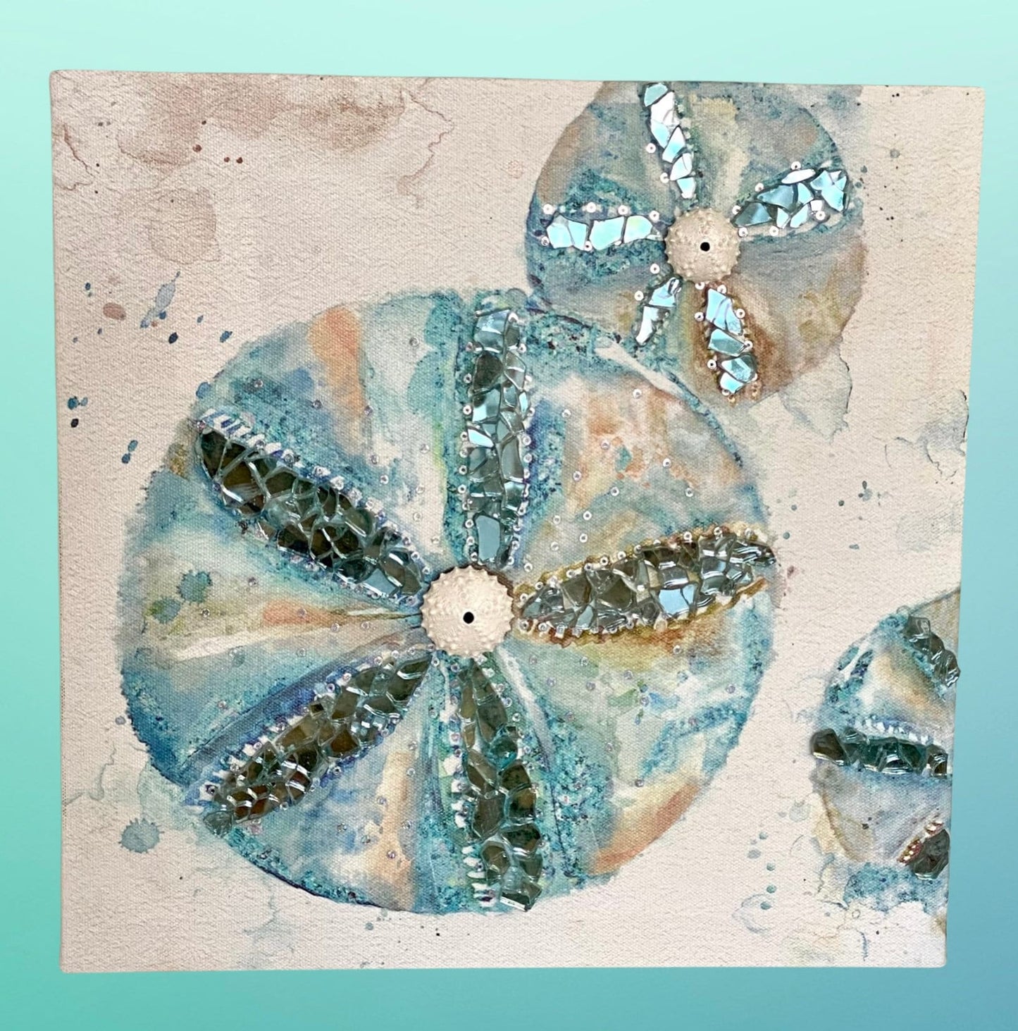 Sand dollar coastal wall hanging with sparkling fire glass