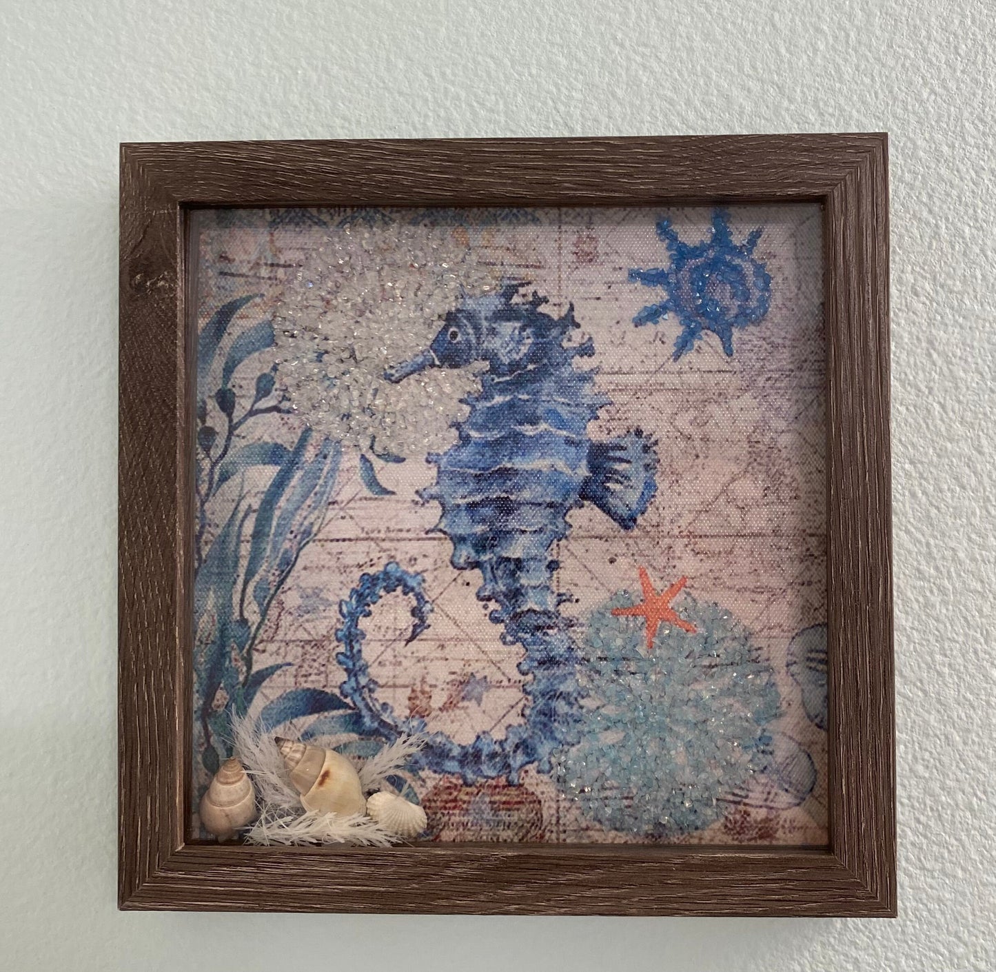 Framed Wall Hanging blue seahorse with crushed glass and shells