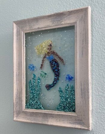 White Framed Mermaid Scene with Crushed Glass and Beads