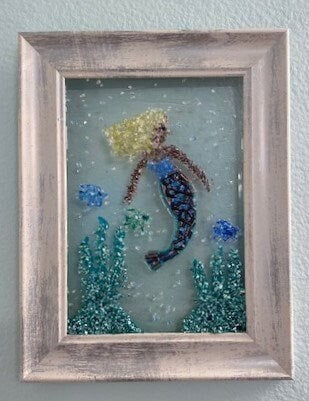 White Framed Mermaid Scene with Crushed Glass and Beads