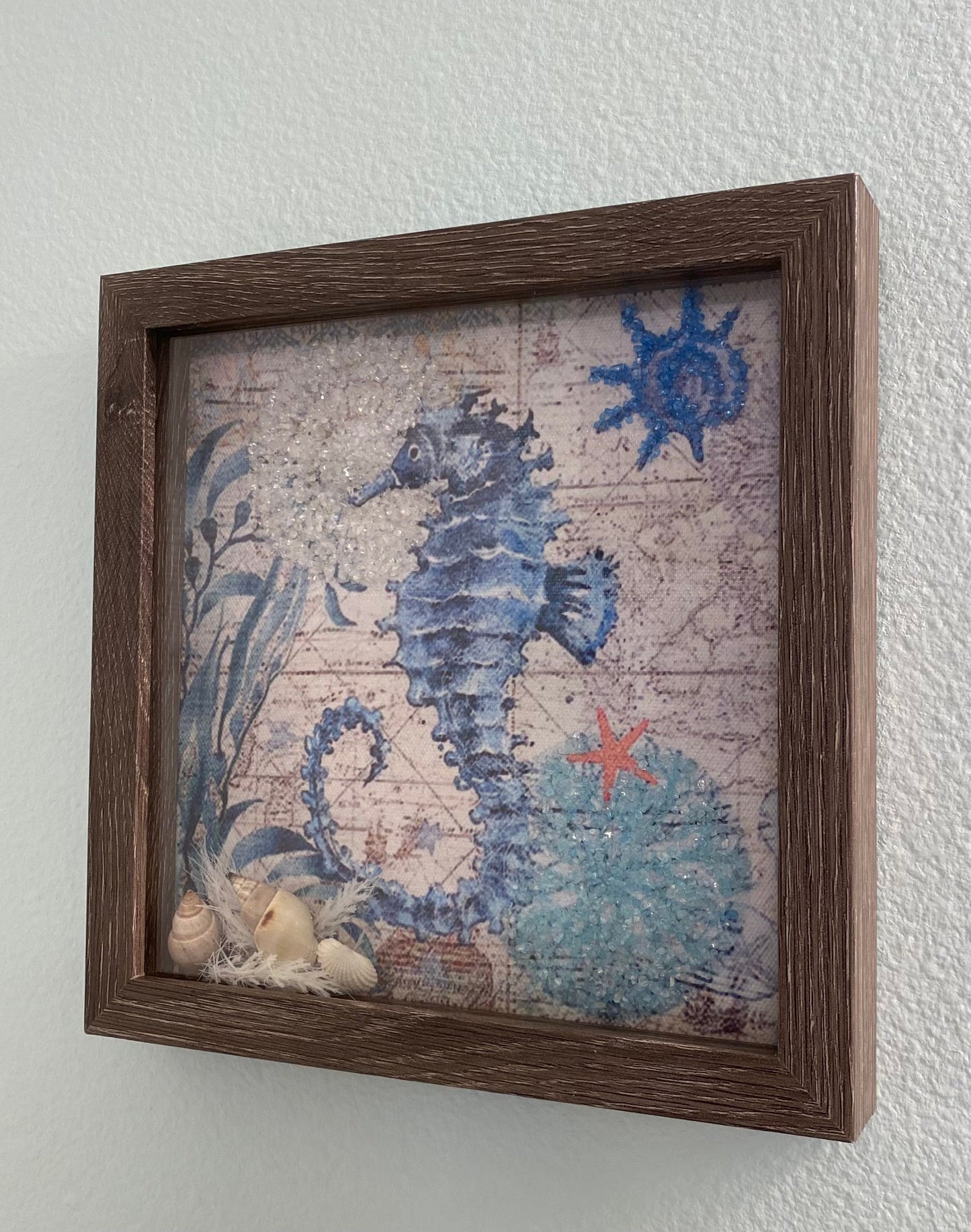 Framed Wall Hanging blue seahorse with crushed glass and shells