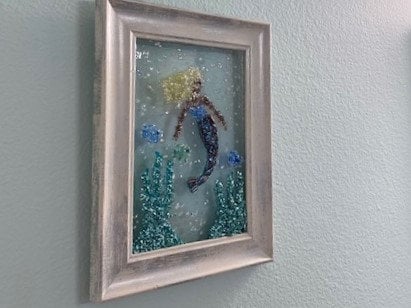 White Framed Mermaid Scene with Crushed Glass and Beads