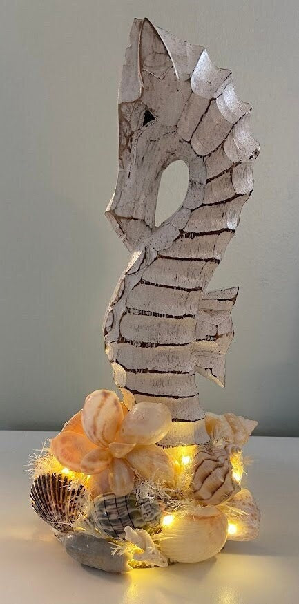 Wooden Seahorse Accented with Seashells, Shell Flower, Banded Tulip, and LED Lights