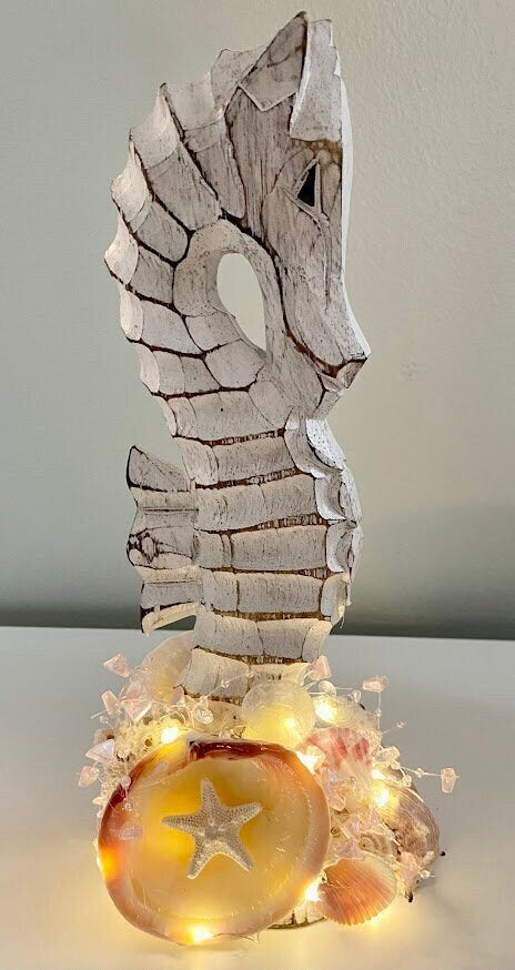 Wooden Seahorse Accented with Seashells, Pink Seaglass, sand dollar, Sea star/Starfish with LED Lights